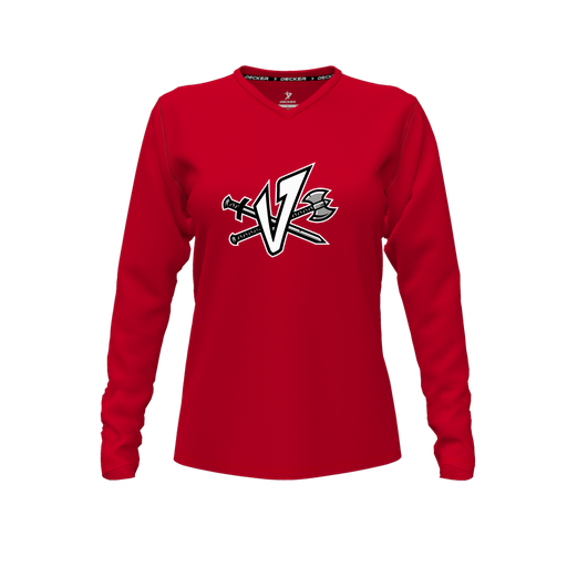 [CUS-DFW-TEES-CMF-VNK-LSL-RED-FYXS-LOGO2] Decker Comfort T-Shirt (Female Youth XS, Red, V Neck, Logo 2, Long Sleeve)