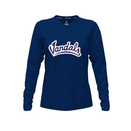 [CUS-DFW-TEES-PER-VNK-LSL-NVY-FYXS-LOGO1] Decker Performance T-Shirt (Female Youth XS, Navy, V Neck, Logo 1, Long Sleeve)
