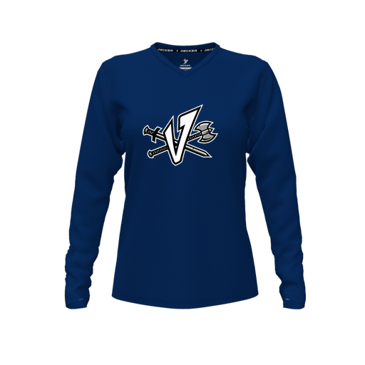 [CUS-DFW-TEES-PER-VNK-LSL-NVY-FYXS-LOGO2] Performance T-Shirt (Female Youth XS, Navy, V Neck, Logo 2, Long Sleeve)