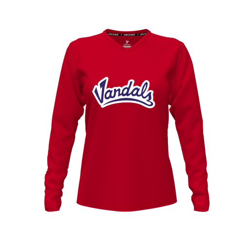 [CUS-DFW-TEES-PER-VNK-LSL-RED-FYXS-LOGO1] Decker Performance T-Shirt (Female Youth XS, Red, V Neck, Logo 1, Long Sleeve)